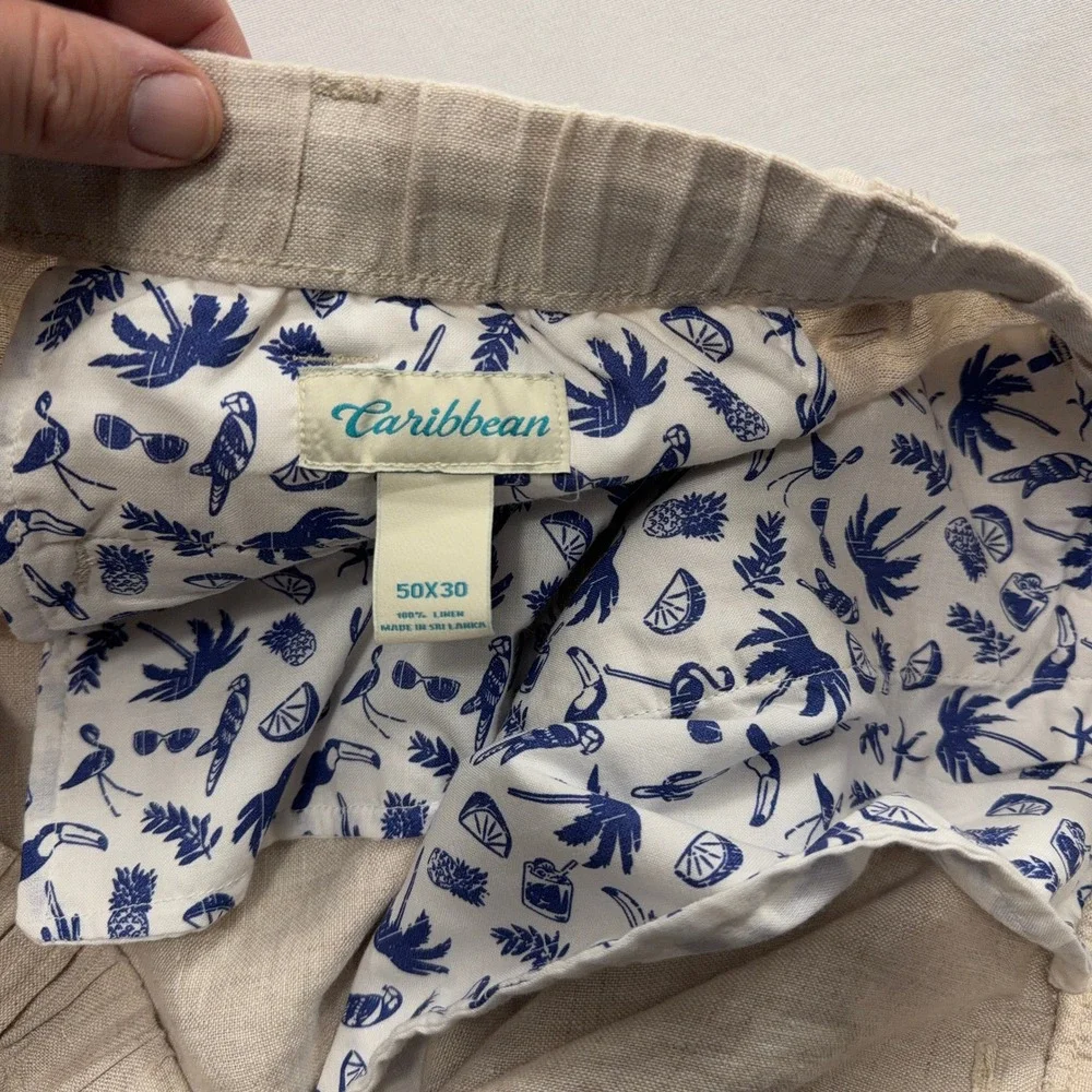Caribbean Cargo Pants 100% Linen Elastic Waist Natural Mens 50x30 NWT